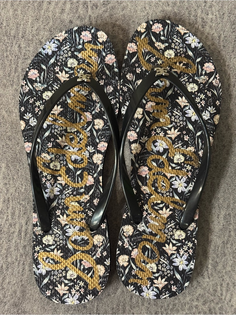 Sam Edelman Black Floral Gold Logo Flip Flops NEW